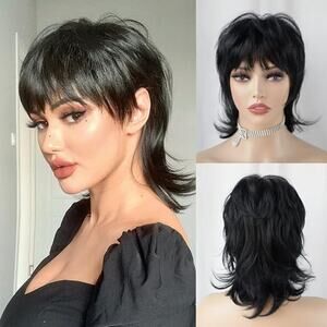 Short Black Mullet Wig Pixie Shaggy Layered Wolf Cut Curly Wig Cosplay Costume